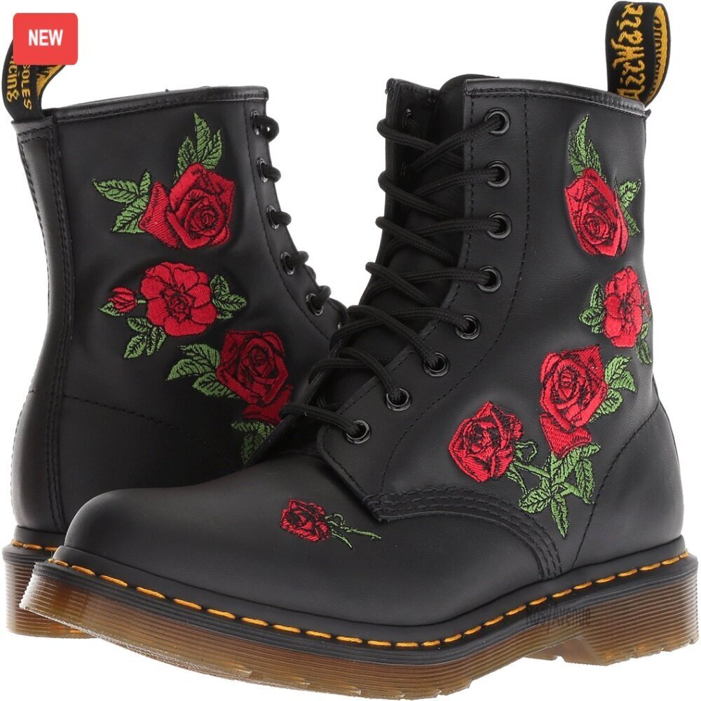 Women's Leather Boots with Embroidered Roses, Air Cushion Sole
